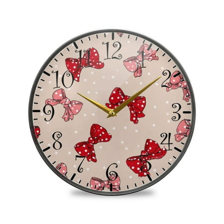 9.5in Acrylic Wall Clock with Glass-like Finish Round Clock for Home Decoration Cute Red Bows Pattern