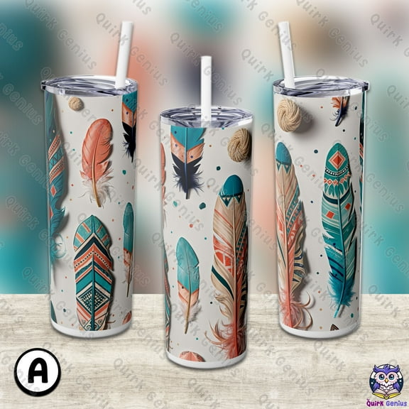 Skinny Tumbler with Straw – Boho Feather Design, 20oz Stainless Steel, Insulated and Reusable