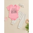 thumbnail image 3 of Newborn Baby Girl Little Sis Outfits Letter Short Sleeve T-shirt Romper Pants Set Headband Coming Home Hospital Clothes, 3 of 8