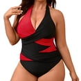 thumbnail image 1 of Daznico Solid Color Contrast V Neck Tie Side Swimsuit for Plus Size Women, 1 of 8