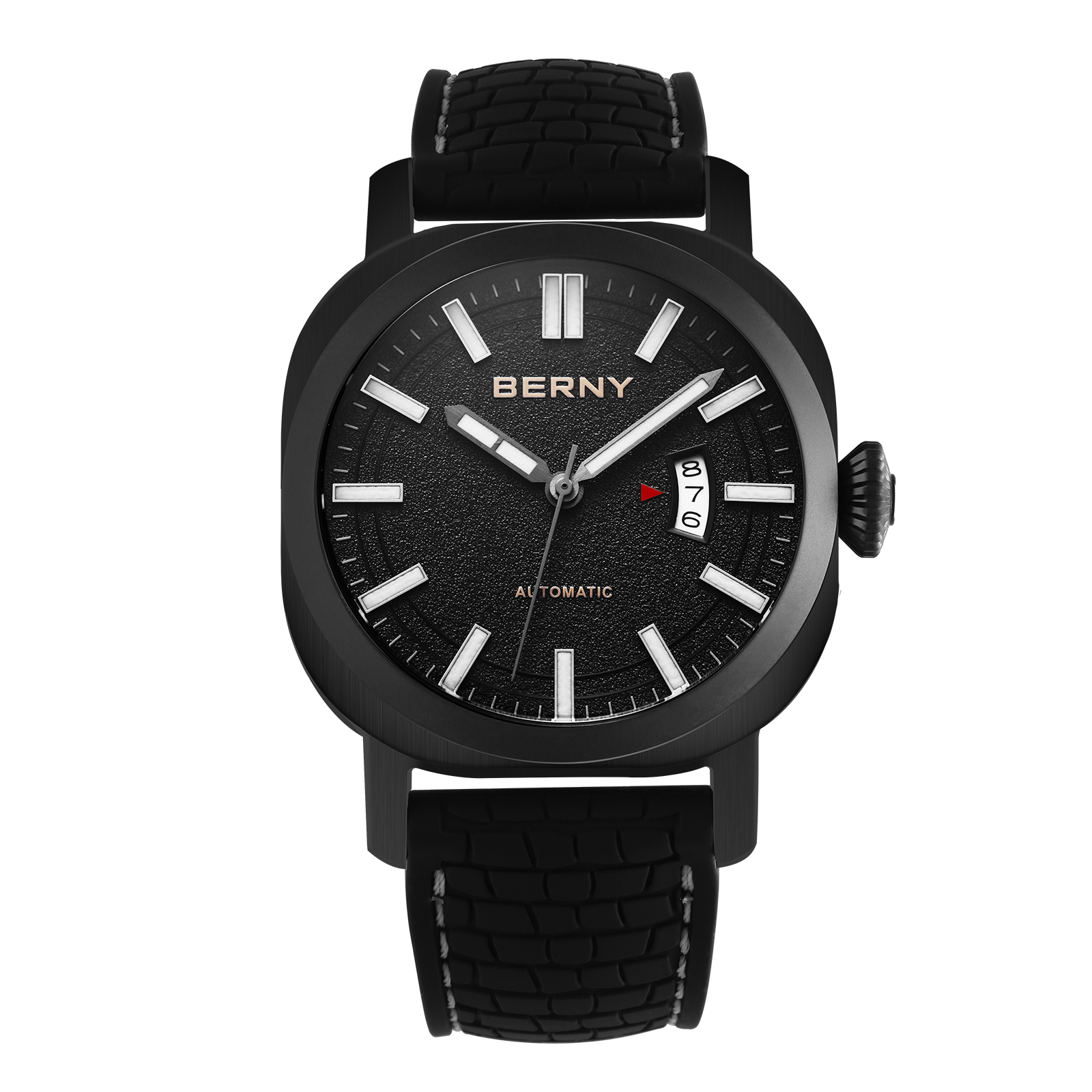 BERNY Automatic Watch for Men, Sport 10ATM Waterproof Mechanical Watch with Silicone Strap, Date Calendar, Super Luminous, Sapphire Glass, Fashion Men's Diver Wristwatch, Black