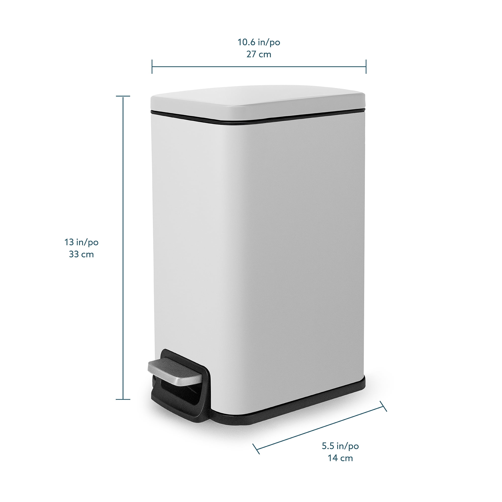 Moorefield Forte Slim Rectangular Step Trash Can, 1.6 Gallon Compact Bathroom Waste Bin with Soft Close Lid and Removable Inner Bucket, Matte White
