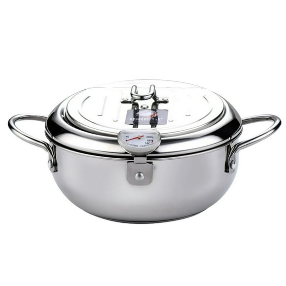 JUNWELL Deep Fryer Pot Stainless Steel Japanese Style Fryer with a Thermometer and Oil Drip Drainer Rack for French Fries Shrimp Chicken Fish