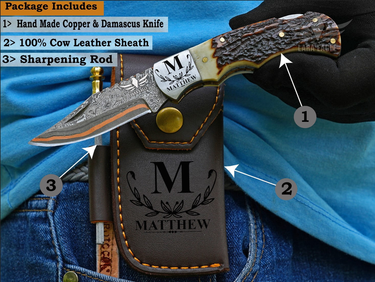 Lara Eagle Personalized Handmade Damascus Copper Folding Knife for Men – Copper Anniversary Pocket Knife – Groomsmen, Outdoor, Camping, Hunting & Survival Gift for Him