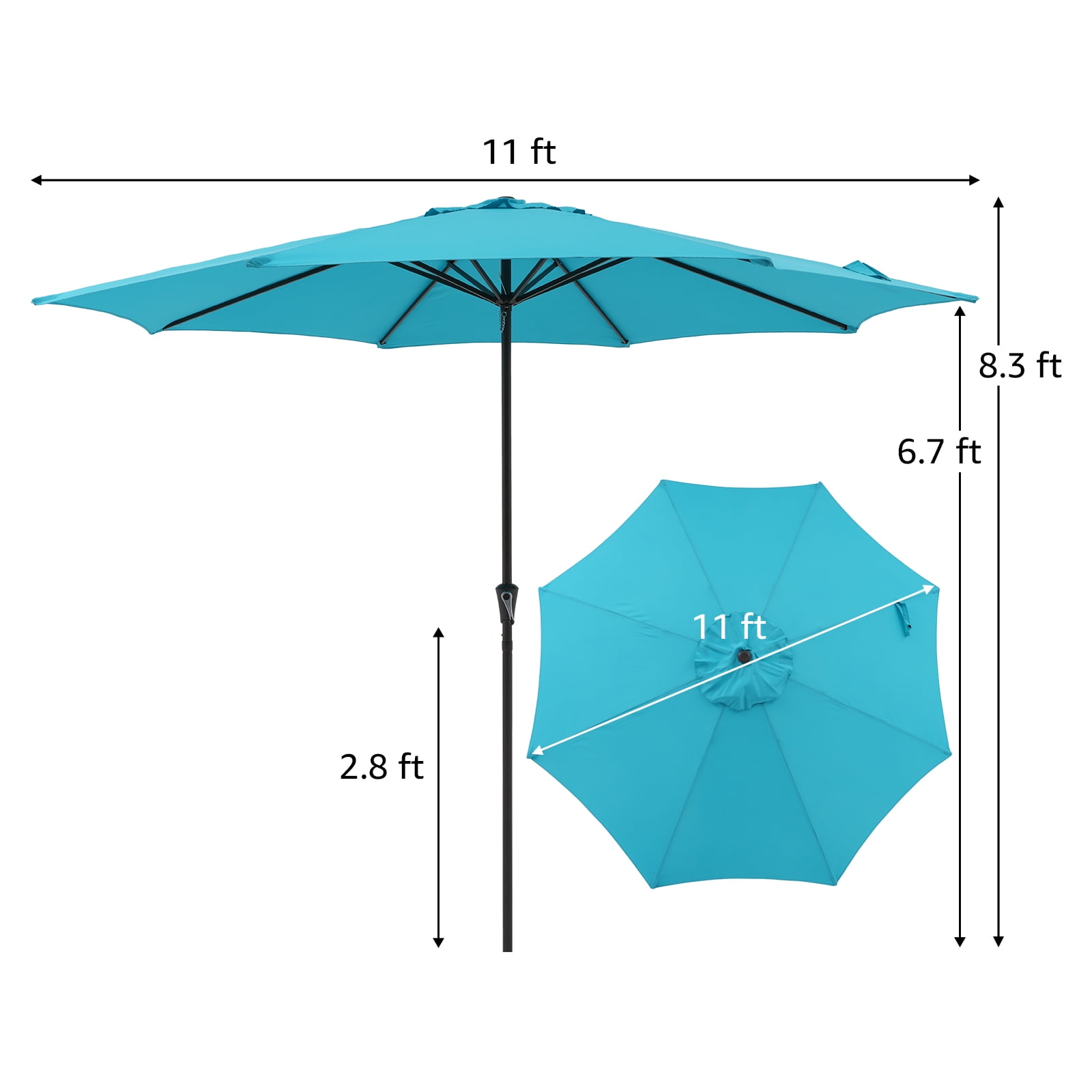 11' Patio Umbrella, Outdoor Table Market Large Umbrella with 8 Steel Ribs and Crank, Turquoise