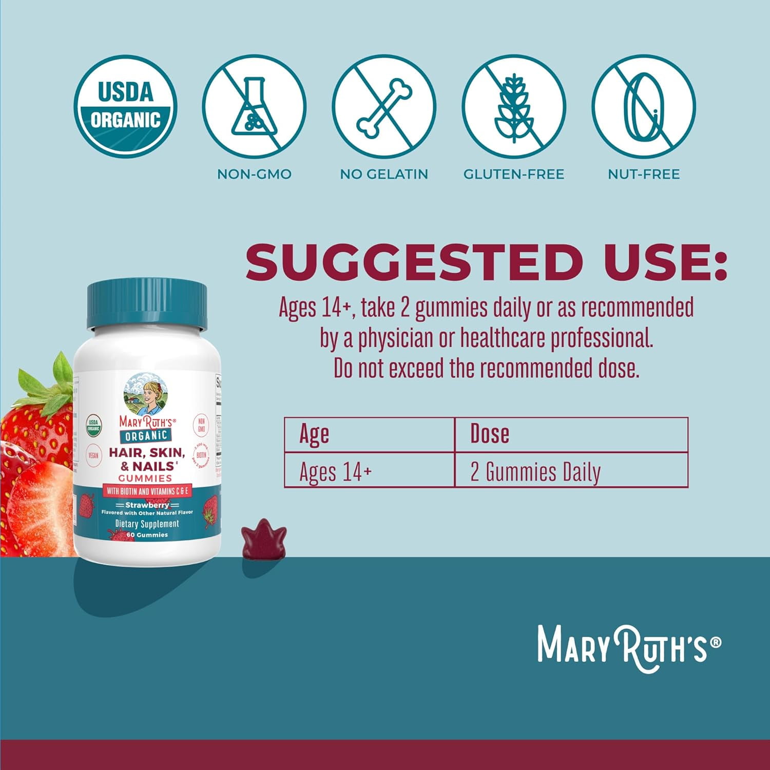 MaryRuth's Hair, Skin and Nails Biotin Gummies, Adult Vegan, 60 Count