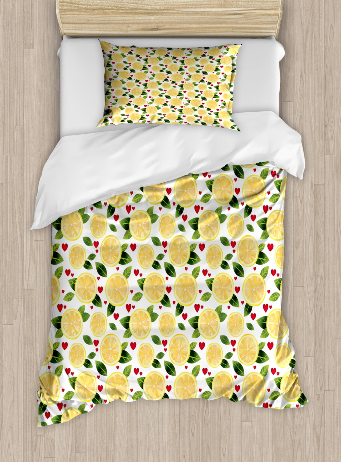 Lemon Duvet Cover Set Twin Size, Lemon Slices with Leaves and Hearts Kitchen Menu Valentines