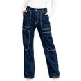 thumbnail image 3 of ROAD MARKINGS High Waist Wide Leg Jeans, Dark Blue Denim with Contrast Stitching, Utility Style (US, Alpha, Small, Regular, Regular, Blue), 3 of 5