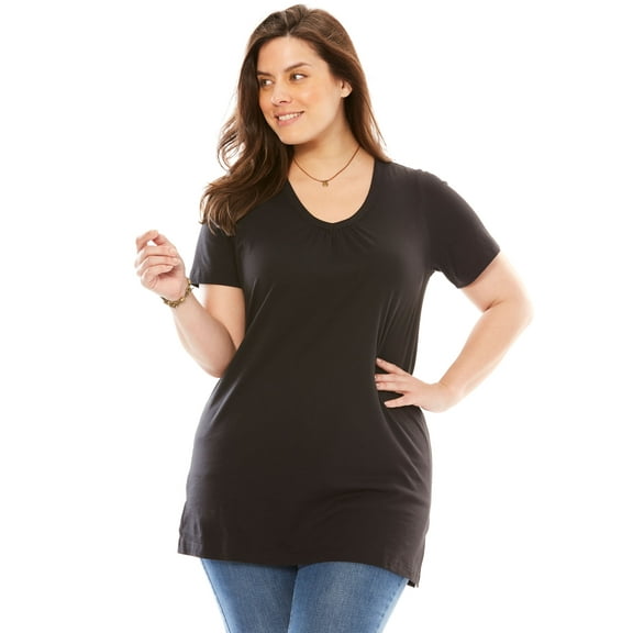 Woman Within Plus Size Perfect Short-Sleeve Shirred V-Neck Tunic