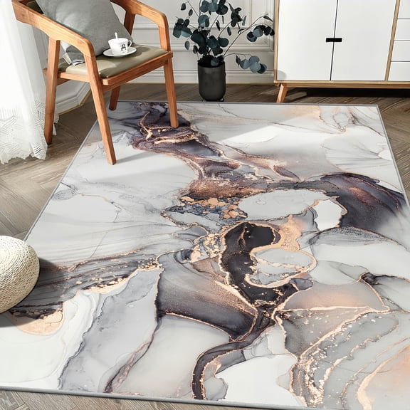 Brythos Modern Abstract Collection Area Rug, 3x5 ft Washable Entryway Rug Non-Slip, Luxury Marble Texture Design for Bedroom Dining Room Home Office Kitchen Decor (Pink/Gray)