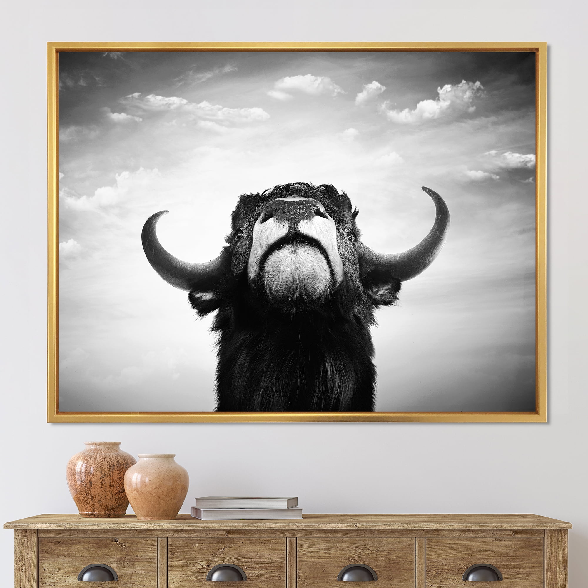 Black and White Portrait Of A Spanish Bull I 40 in x 30 in Framed Photography Canvas Art Print, by Designart