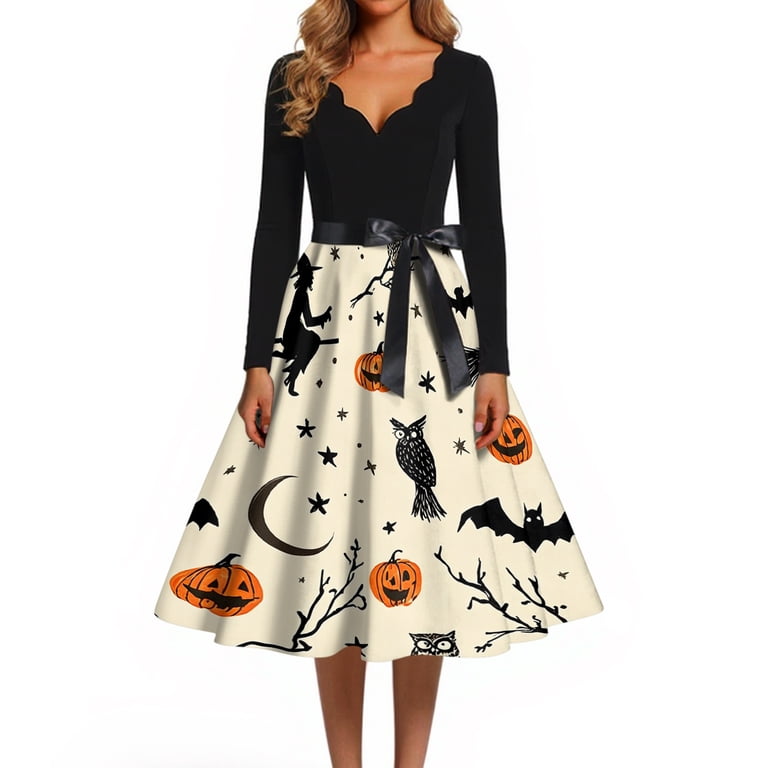 Knosfe Women's Halloween Dress Ghost Skeleton Long Sleeve Cocktail Hepburn Funny Dress V Neck 1950s Cute Vintage Dresses with Belt 2XL