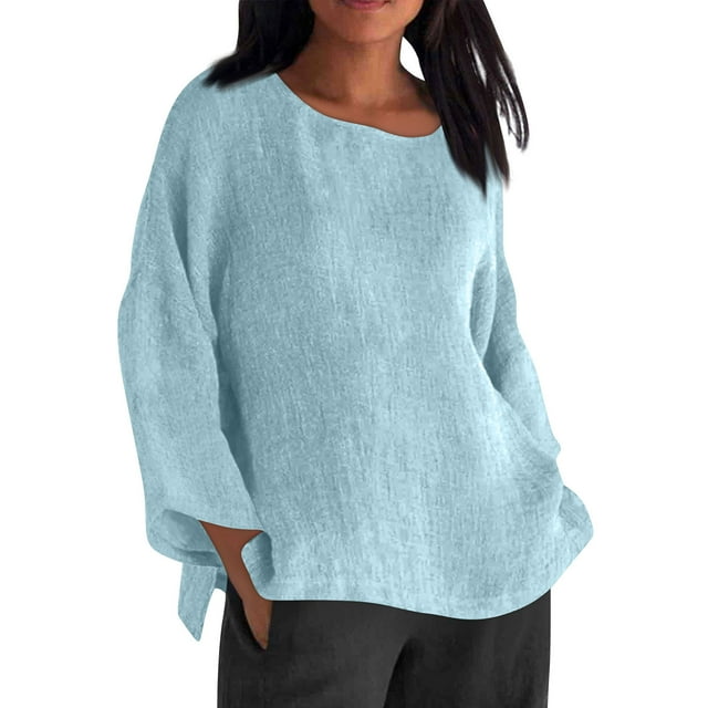 aidice Hauts Grande Taille pour Femmes Coton Lin Col Rond Manches Longues Légers Tee-Shirts Décontractés Amples