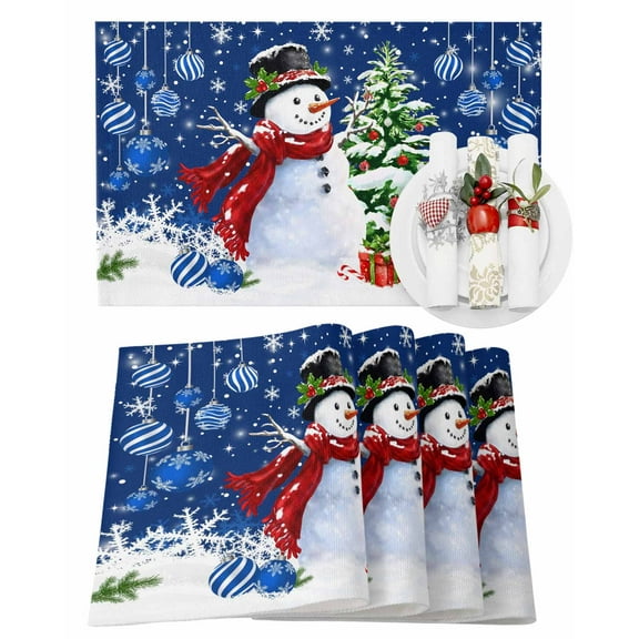Red Christmas Snowman Placemats Set of 2 Xmas Balls Pine Tree Snowflake Navy Blue Heat Insulation Washable Place Mats, Rustic Non-Slip Table Mats for Dining Table Party Kitchen Decor,13x19 Inch