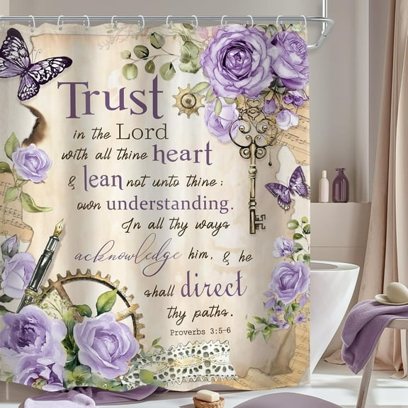 Vintage Purple Christian Shower Curtain 60Wx72H Retro Floral Bible Verse Bathroom Curtain Scripture Bath Curtain Fabric Rustic Flower Butterfly Quotes Bathroom Decor with 12 Hooks