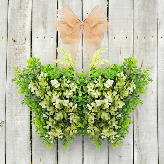 TOPRenddon Spring Green Artificial Boxwoods Wreath for Front Door Decor, 18inch Butterfly Shaped Wreath Artificial Spring Summer Greenery Wreaths for Wall Window Porch Farmhouse Patio Garden