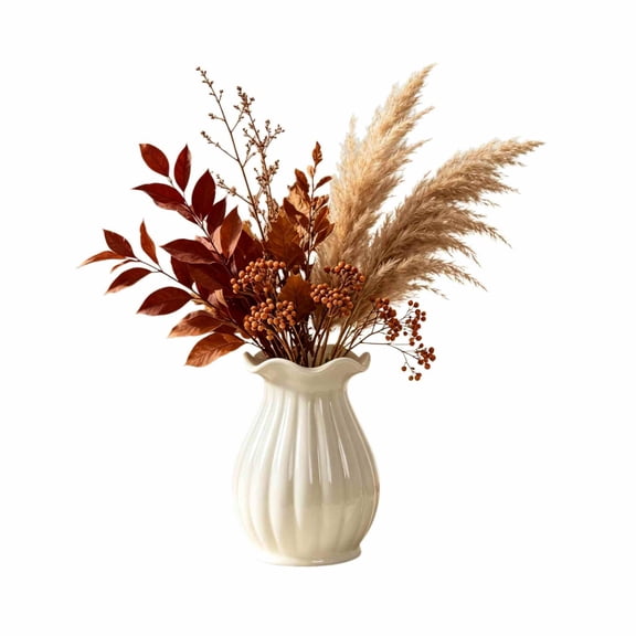 White Ribbed Ceramic Pumpkin Vase – Fluted Curved Vase, Fall Leaf Floral Arrangement, Halloween Table Centerpiece (White)