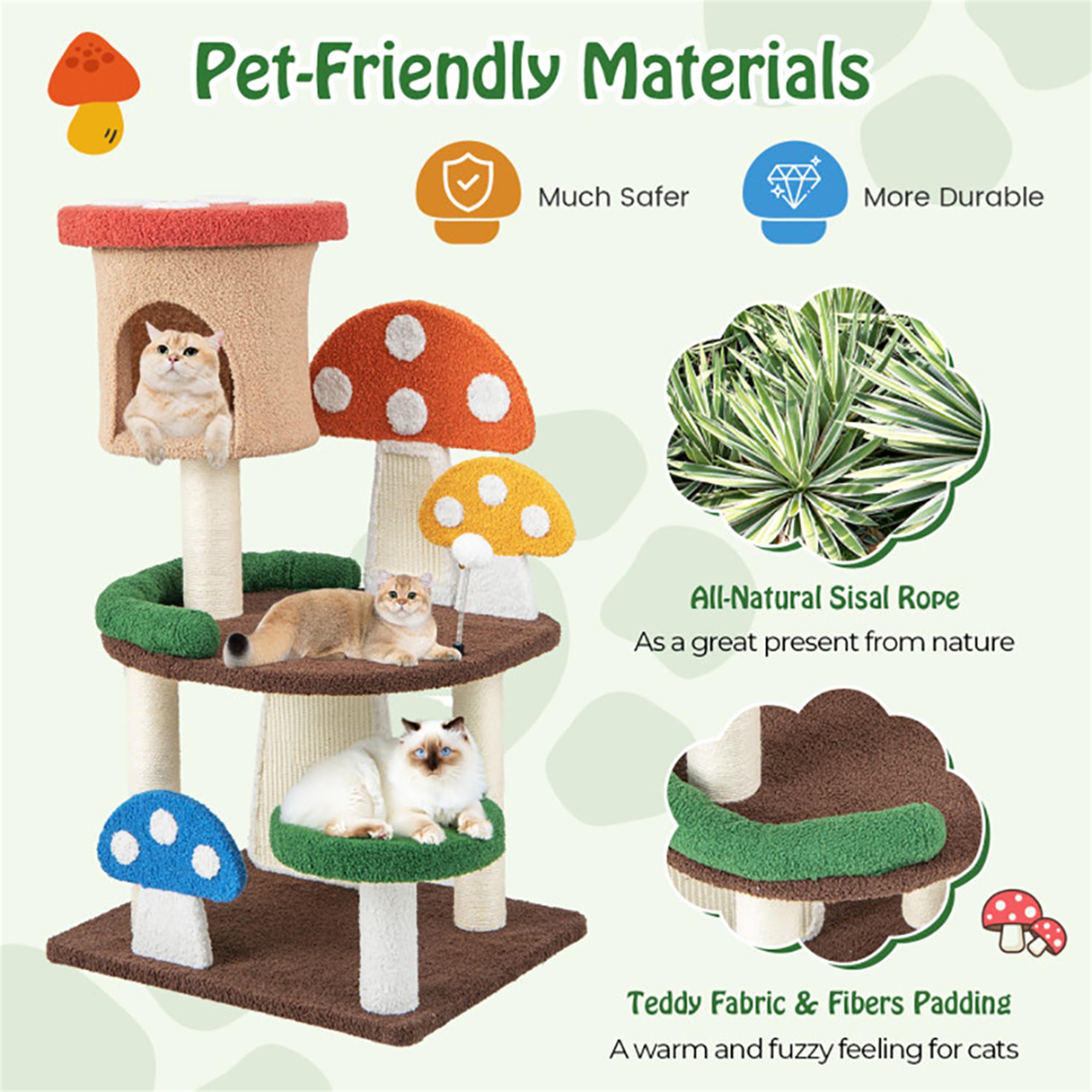 Kadyn 40" Cat Tree Tower with Sisal-Covered Scratching Post, 4-In-1 Mushroom Cat Condo with Padded Perch, for Small Spaces, Kittens, Multicolor