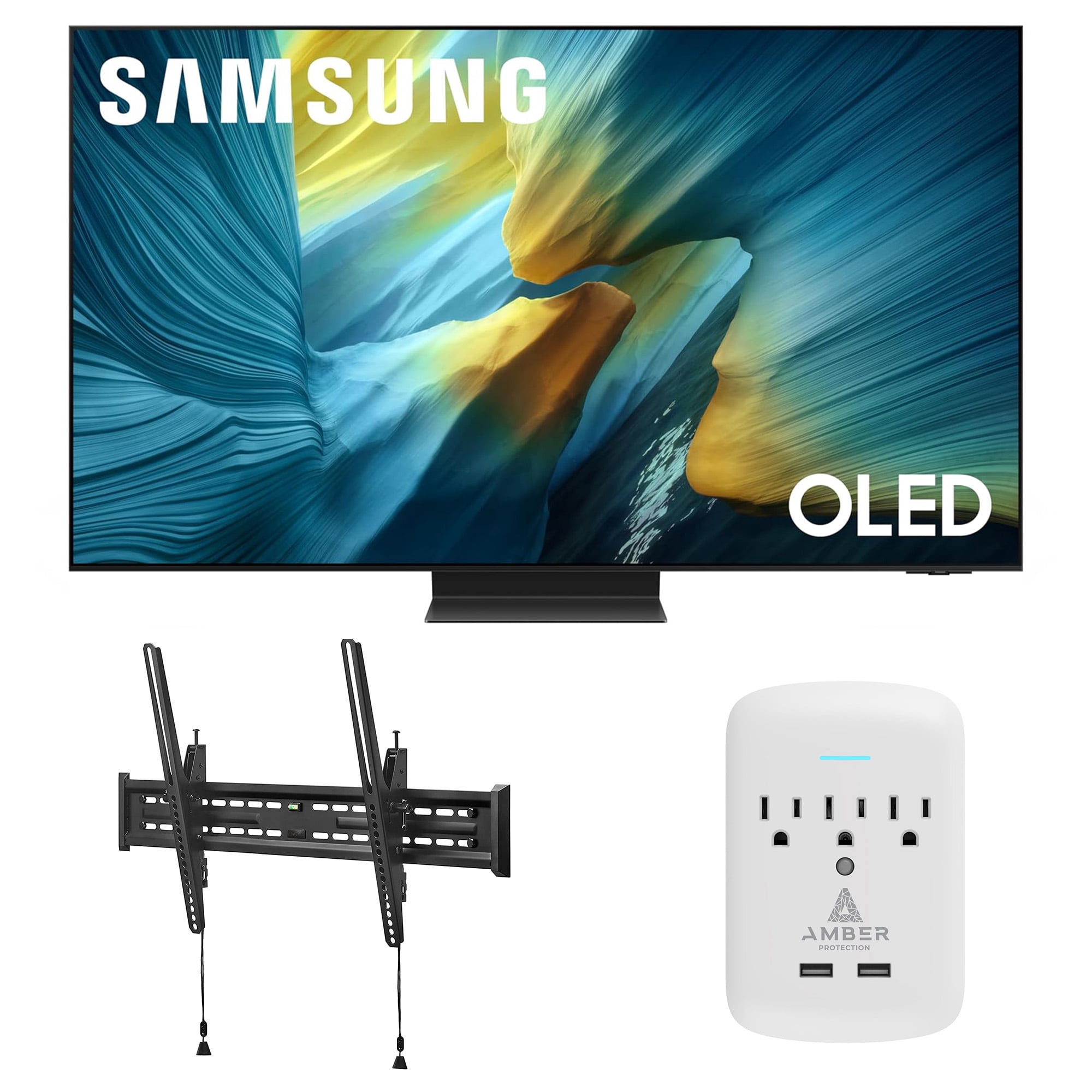 Samsung QN65S95FAFXZA 65 Inch OLED HDR Pro 4K Smart TV with a Walts TILT-MOUNT-43-90 Large/XL Tilt Mount for 43"-98" TVs and Amber Protection 3-OUTLET-SURGE Surge Protector (2025)