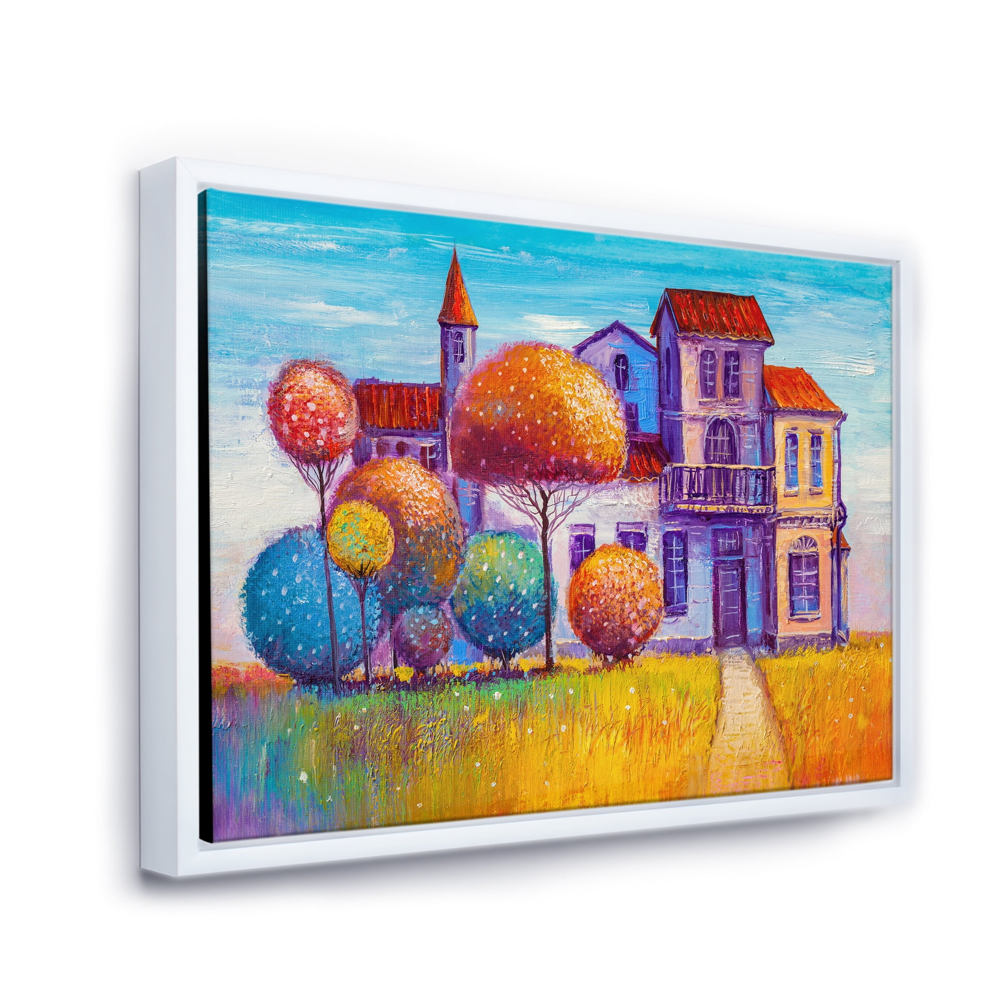 Designart 'Abstract Colorful House In The Fairy Tale VIllage' Traditional Framed Canvas Wall Art Print