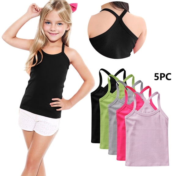 FSYBOA Girls Cotton Tank Tops, Casual 5 Piece Sleeveless Holiday Kids Summer T-Shirts Pink Size 7-8T