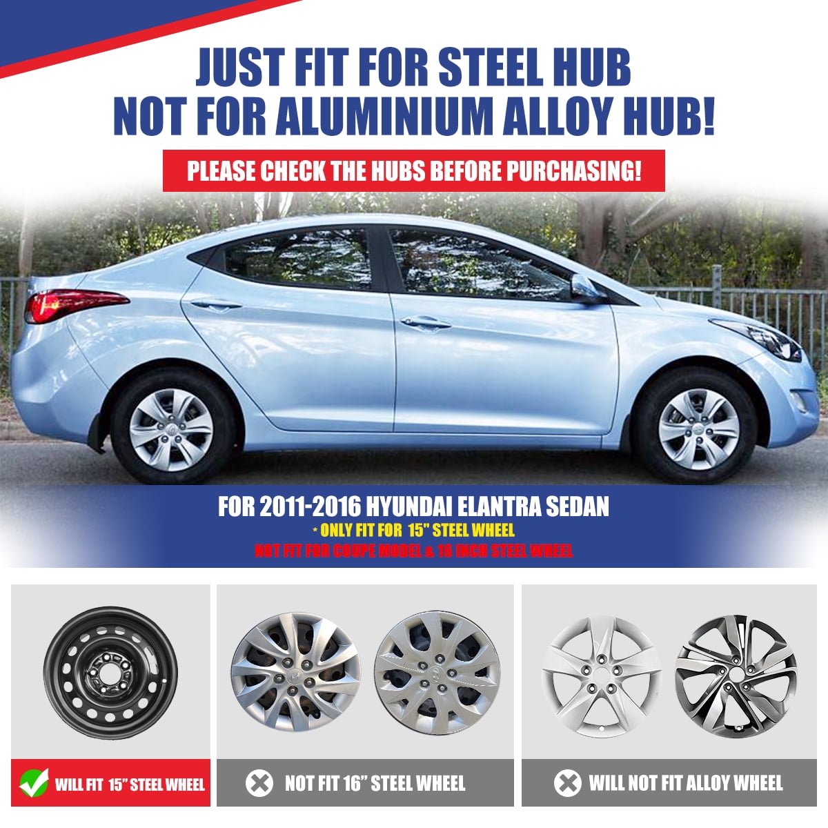 4Pcs 15 inch Hubcaps for Hyundai Elantra Sedan 2011-2016,Fit for Steel Wheel,Bolt-on Car Truck SUV Hub Cap,Lacquer