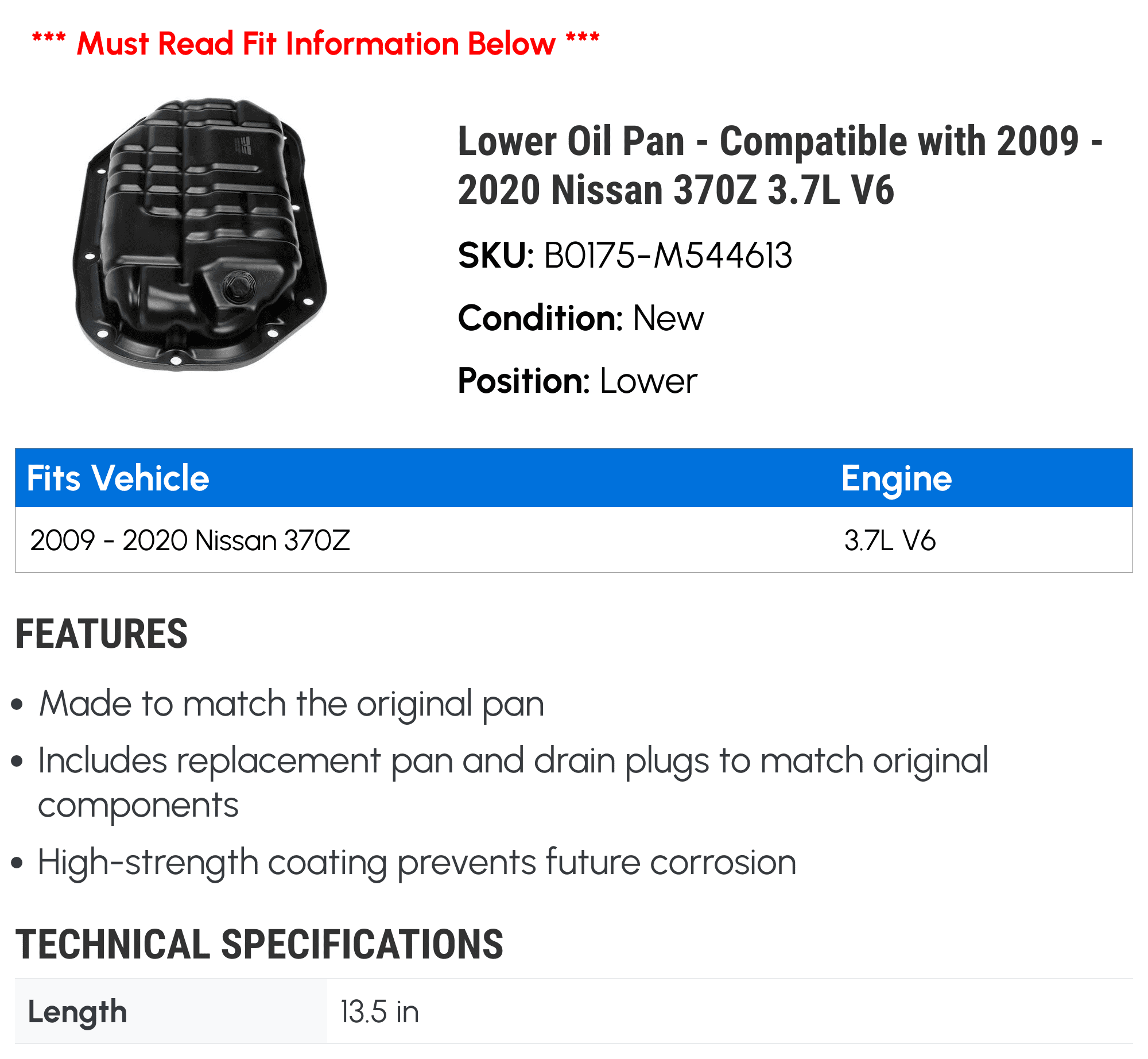 Lower Oil Pan - Compatible with 2009 - 2020 Nissan 370Z 3.7L V6 - Dorman