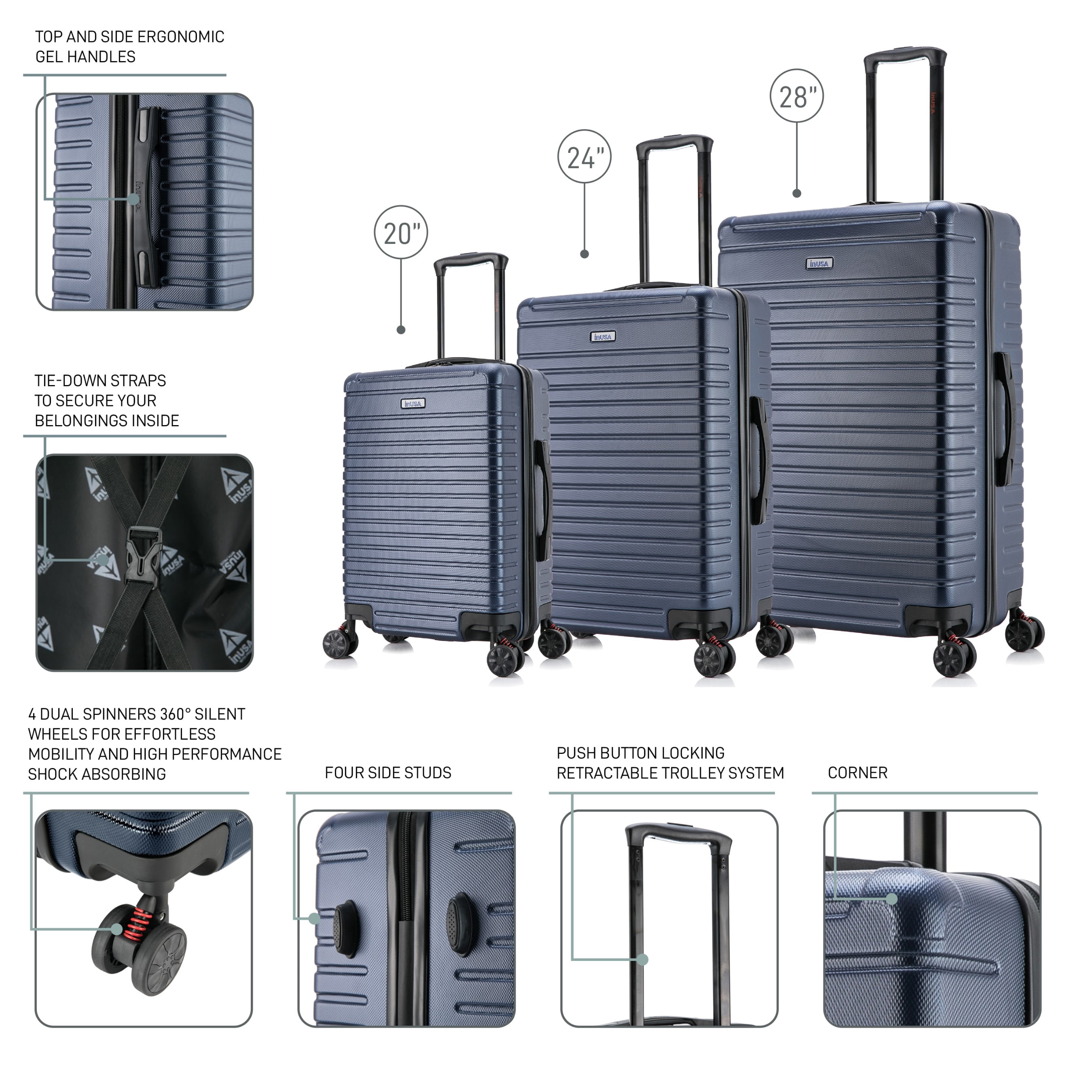 InUSA Deep 3-Piece Hardside Luggage Sets with Spinner Wheels, Handle, Trolley, (20"/24"/28"), Blue