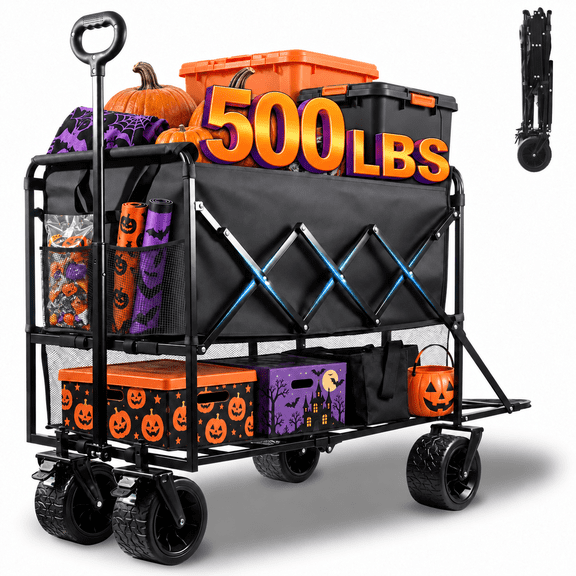 Kovryx Halloween 500LBS Heavy Duty Double Decker Wagon with All-Terrain Tank Wheels, Collapsible Wagon Cart for Pumpkins, Candy and Party Supplies, Black