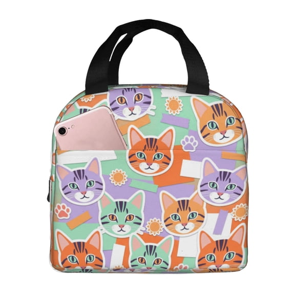Cute Cat Lunch Bag With Cats Reusable Lunch Box Front Pocket Zipper Closure Leakproof Insulated Cooler Tote Bag Food Container Cartoon LunchBox For Men Women Work Travel Picnic