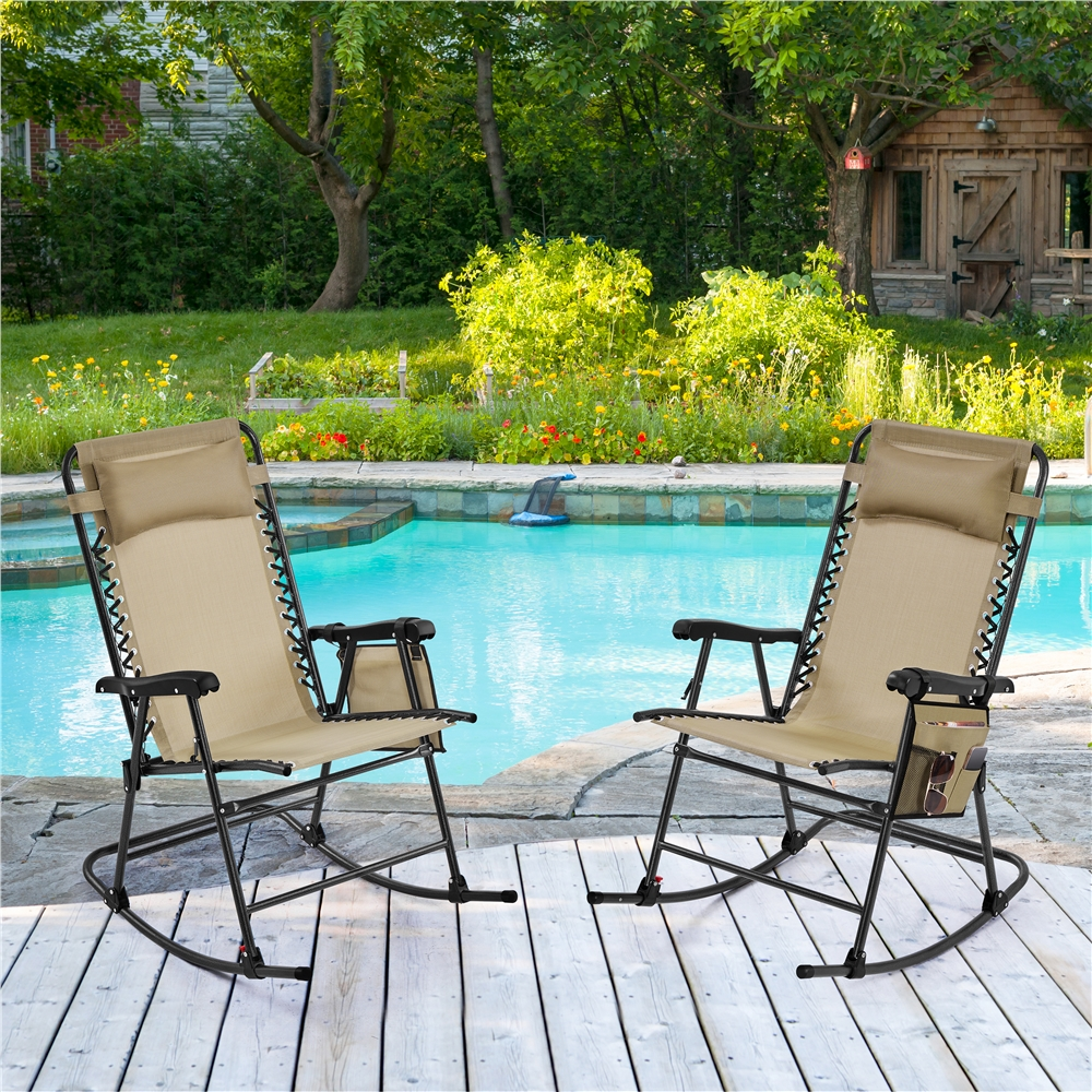Renwick Outdoor Foldable Rocking Chair with Headrest Pillow, Set of 2, Beige