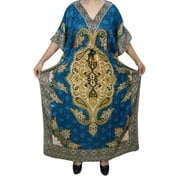 Mogul Womens Kimono Caftan Dress Blue Printed Bikini Cover Up Maxi Nightgown 4XL