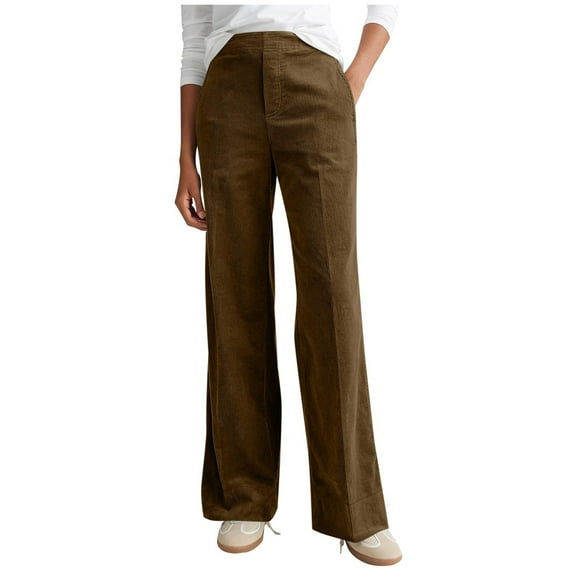 FRSASU Women's Corduroy Pants Barrel Elastic High Waist Cord Pants Casual Wide Leg Baggy Trouser with Pockets Brown S(S)