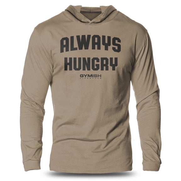 GYMISH Always Hungry Lightweight Long Sleeve Hooded T-Shirt for Men – Funny Gym Hoodie, Athletic Workout Shirt for Fitness Enthusiasts