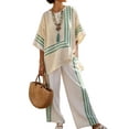 thumbnail image 3 of Uootdi Linen Sets for Women 2 Piece Short Sleeve Oversized Striped Trim Top High Waist Flowy Wide Leg Pants Boho Vacation Matching Outfits, 3 of 5