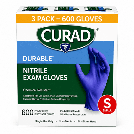 CURAD Durable Nitrile Exam Gloves, Powder-Free, Chemical Resistant, Small, 600 Count (3 Pack)