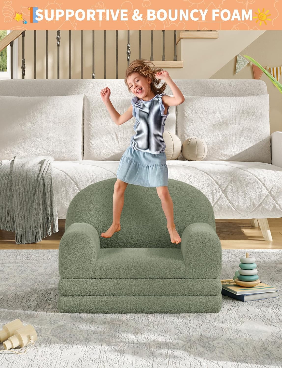 Kids Couch, 2-in-1 Convertible Teddy Fleece Fabric Toddler Sofa Chair, Soft Fold Out Couch Lounger for Kids, Comfy Children's Sofa Bed for Playroom, Nursery, Birthday Gift (Green Moon)