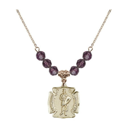 Gold Saint Florian Medal 18-Inch Hamilton Gold Plated Necklace with 6mm Purple February Birth Month Stone Beads and Saint Florian Charm ()