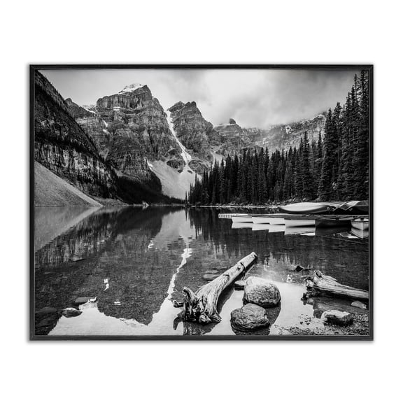 Stupell Industries Rustic Lodge Shallow Waters Mountain Range Landscape Docked Boats Black Framed Giclee Art, 14 x 11, by Daniel Sproul