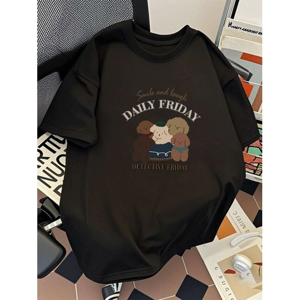 Men's Regular Size Cotton T-Shirt - Fun Cartoon Dog Print, Casual Summer Tee, Loose Fit, 220g/㎡, White with "Smile and Laugh Daily Friday" Design