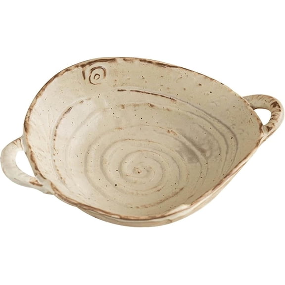 Free-Form Edge Small Ceramic Bowl with Handles, Retro Distressed Style Glazed for Fruit Bowl,Salad Bowl,Table Centerpiece Decor