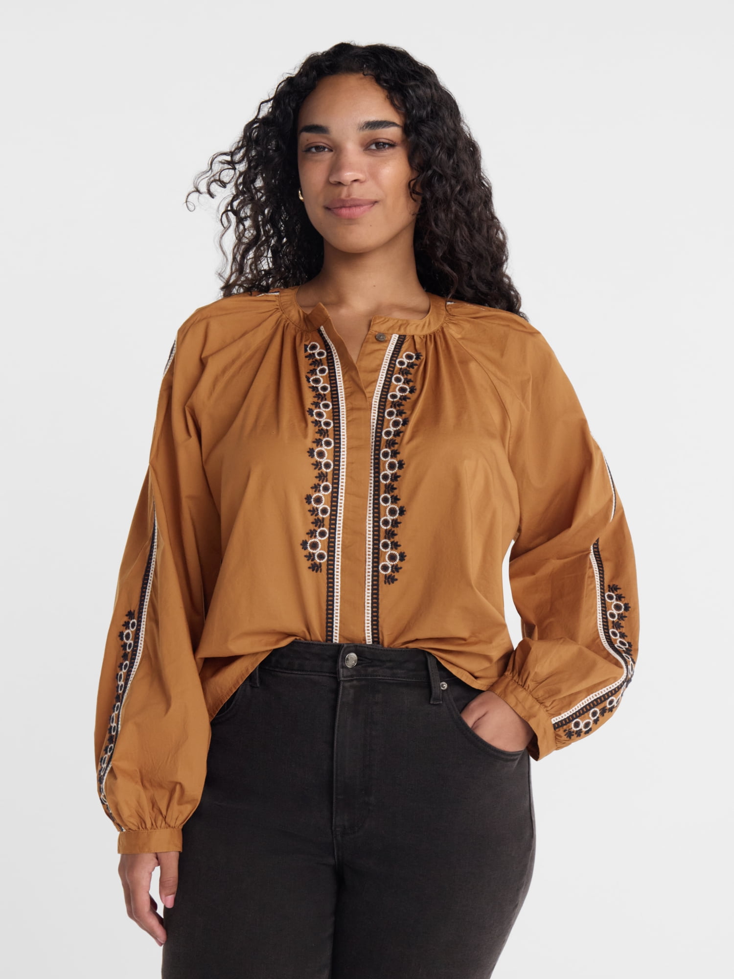 Scenario Women's Embroidery Top with Long Sleeves, Sizes XS-XXXL