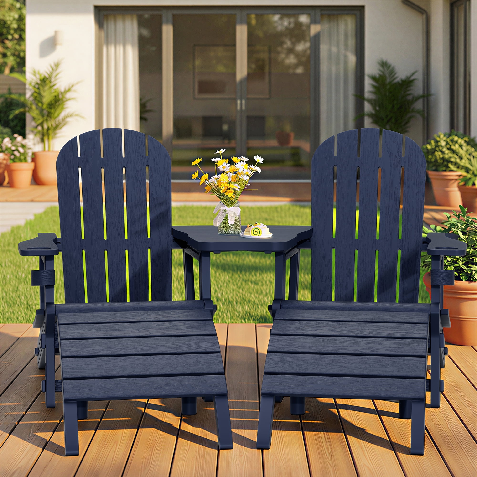 Walsunny Adirondack Chairs Set of 2 HDPE Outdoor Chair Set with Connecting Tray Cup Holder Removable Tabletop Pull-Out Footrest,All-Weather HDPE Outdoor Chair Set,Dark Blue