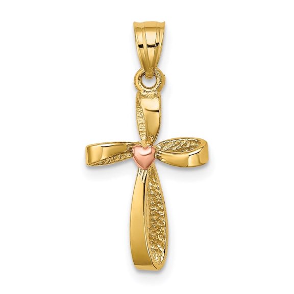 Diamond2Deal 14k Two-tone Gold Twisted Cross with Heart Pendant for Women (L- 0.69 in, W- 0.48 in)