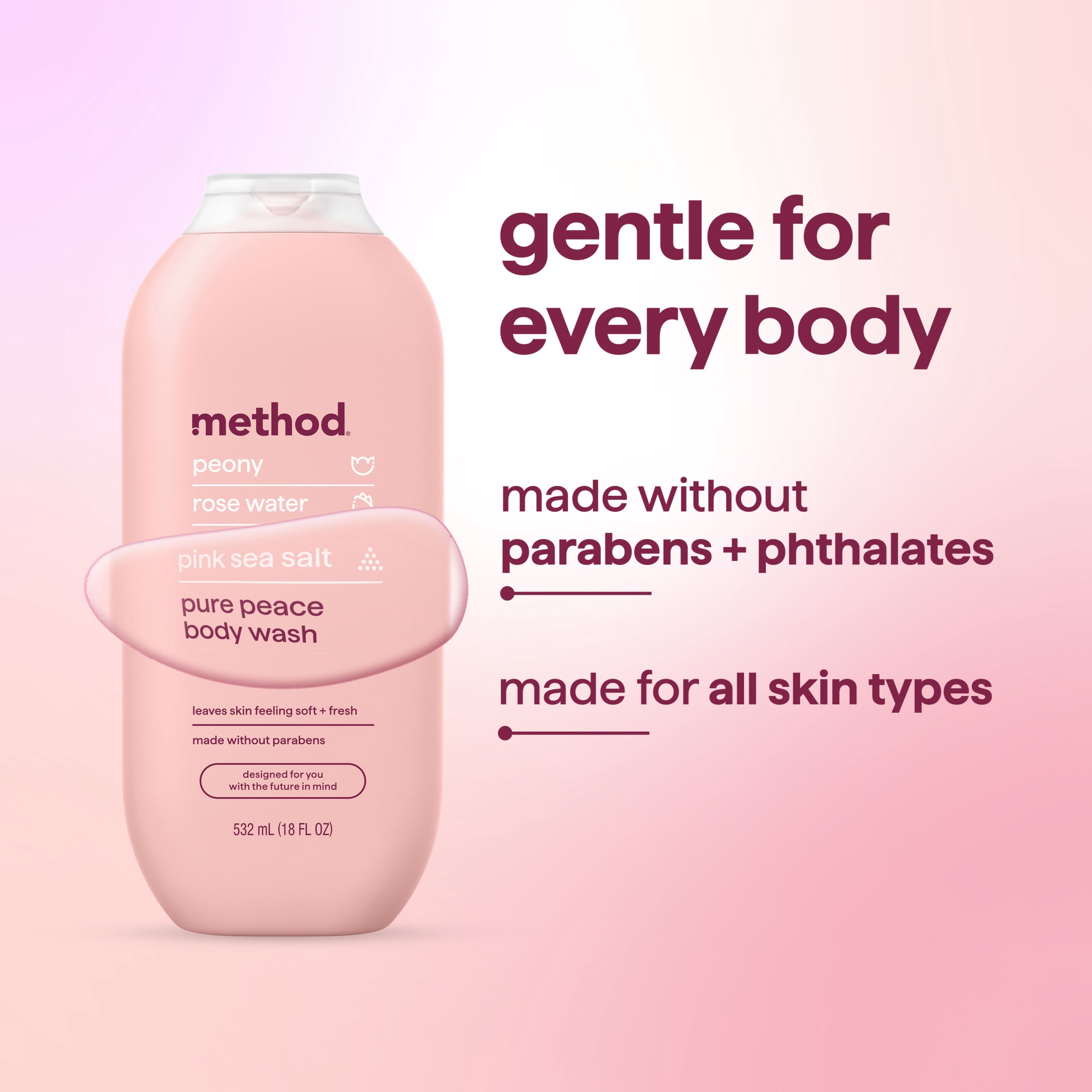 (6 pack) method Body Wash, Pure Peace - Leaves Skin Feeling Soft & Moisturized, Made Without Parabens, Notes of Peony, Rose Water & Pink Sea Salt, 18 fl oz