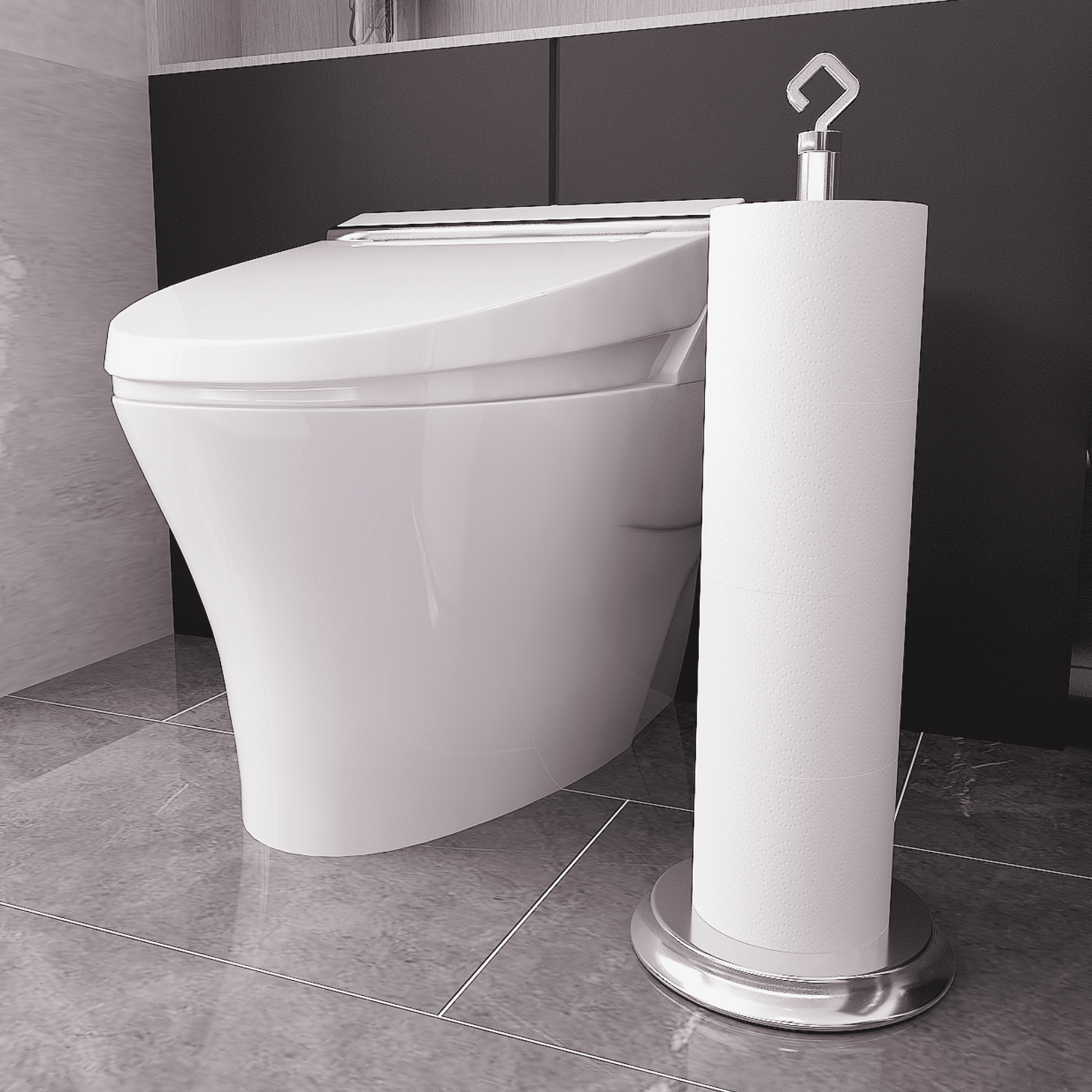 KASUNTO Freestanding Metal Toilet Paper Holder with Anti-Rust Treatment and Hook (Poilshed Chrome)