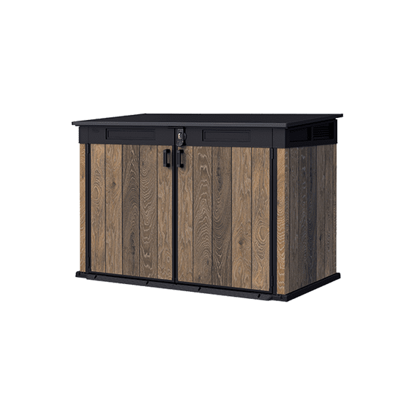 Keter Signature Horizontal Durable Resin Outdoor Storage Shed With Heavy Duty Floor and Locking Latch Double Doors, Walnut