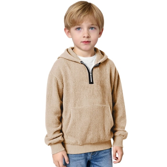 CCRFTGI Boys Quarter Zip Pullover Casual Long Sleeve Sweatshirt Holiday Fall Spring Size 7 Sweatshirt Loose Fit Elbow Patched Shirts Khaki 9-10Y