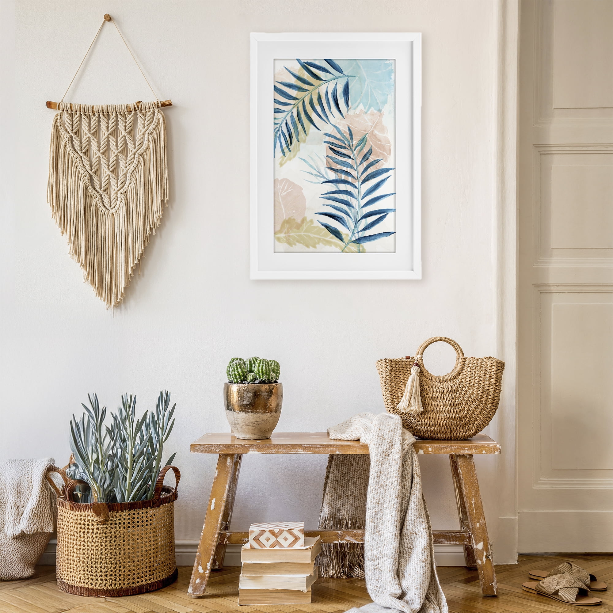 Stupell Industries Blue Palm Fronds in Pastel Haze White Framed Print Under Glass, design by Nan