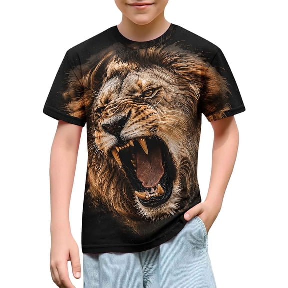 fnnxnal Boys Lion Graphic Short Sleeve T-Shirt, Multicolor Roaring Animal Print, Polyester Blend Crew Neck,Size 5-6 T